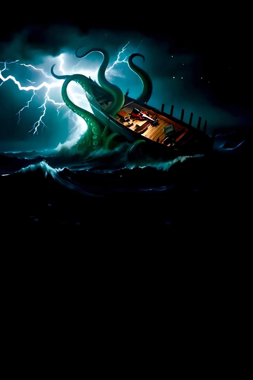Top quality. Inspiration: Violin,  Cthulhu style,  tentacles. Visuals: A close-up focuses on a wooden boat capsized by a g...