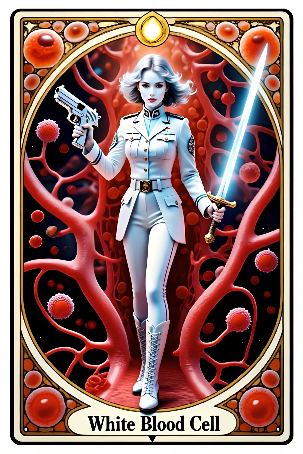 Score_9,  this is a tarot card that depicts the anthropomorphic cells of the microscopic world. The card name "White Blood...