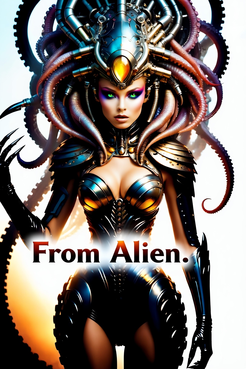 Top quality. Inspiration: Cover design. Image: An alien woman with tentacles covering her head,  gazing at the camera,  fl...