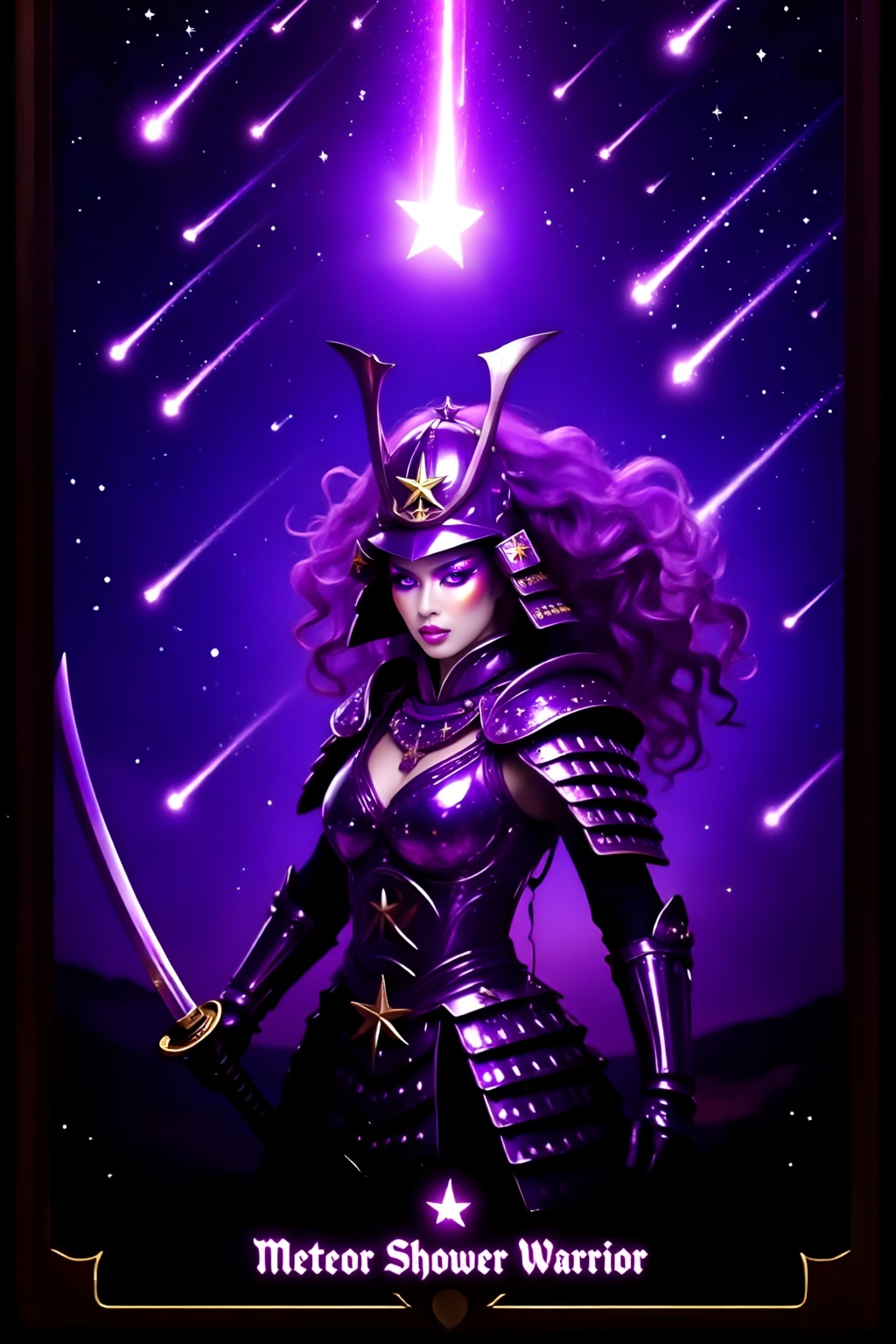 Score_9,  a tarot card depicting a gorgeous female warrior. The card name "Meteor Shower Warrior" appears below the tarot...