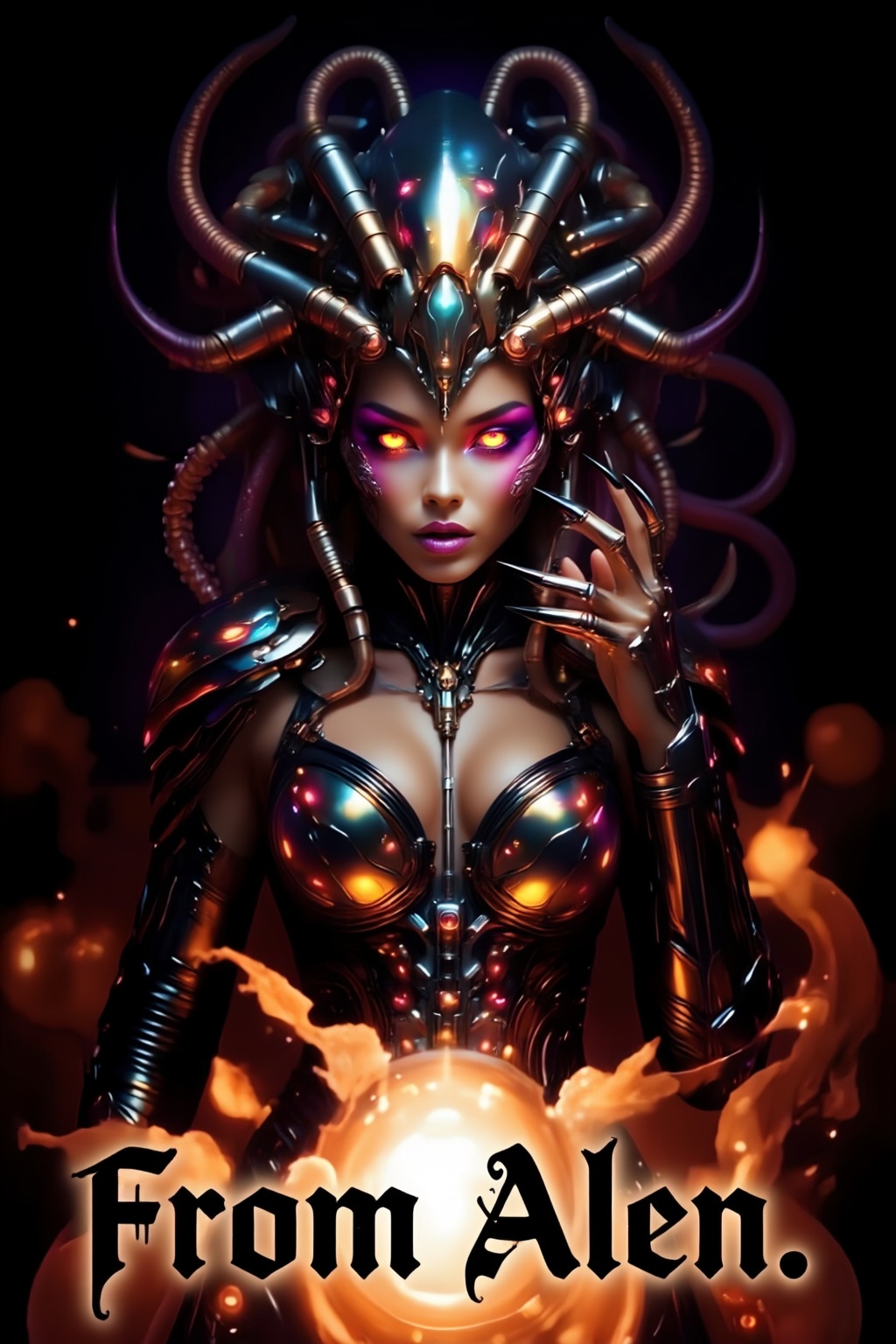Top quality. Inspiration: Cover design. Image: An alien woman with tentacles covering her head,  gazing at the camera,  fl...