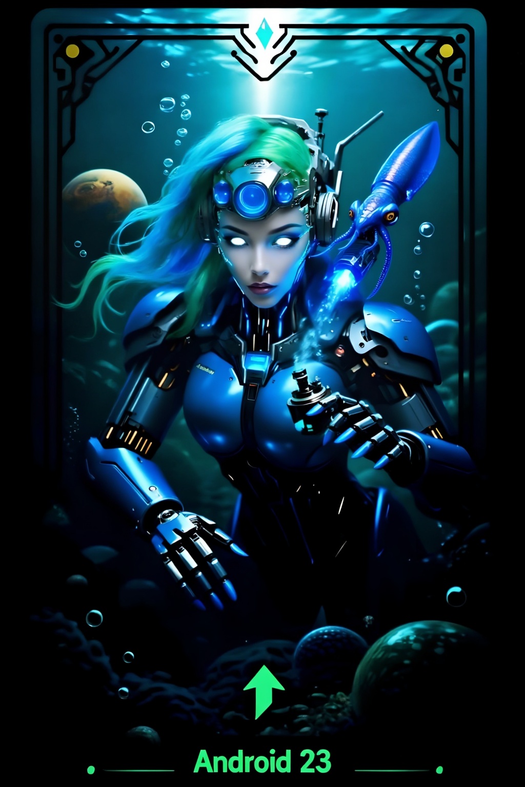 Score_9 is a tarot card that depicts a realistic robot in the future world. The name of the card "Android 23" appeared bel...