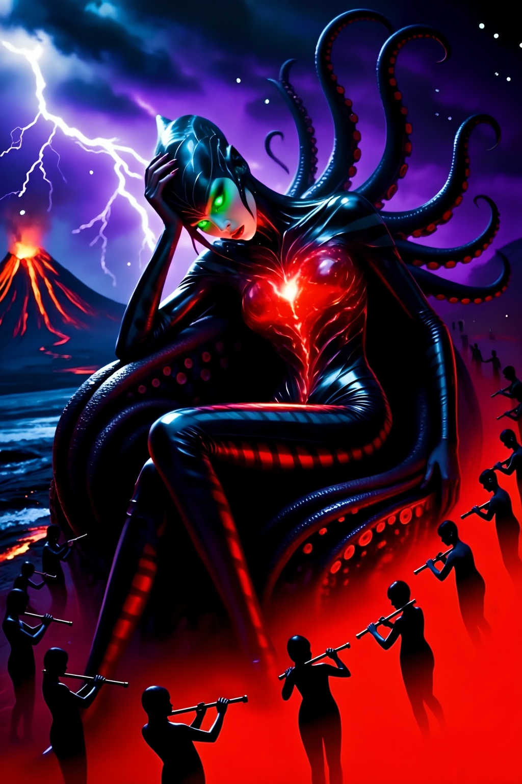 A beautiful queen reclined languidly on a throne formed of tentacles. One hand cradled her head,  her eyes half-closed. A...