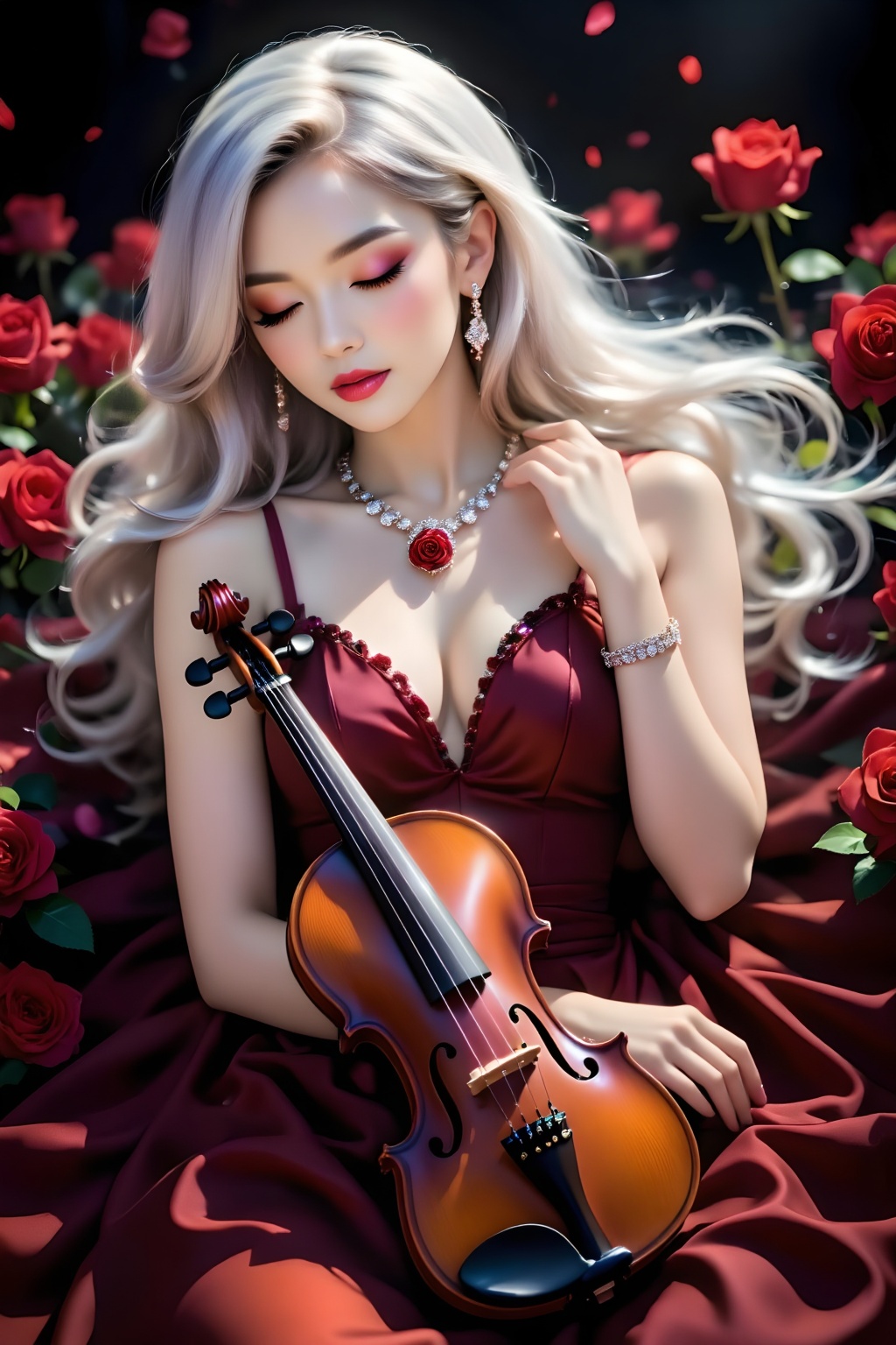 A woman with exceptionally long,  gradient,  milky-white blonde hair exudes a unique and noble charm. Her exquisite and ca...