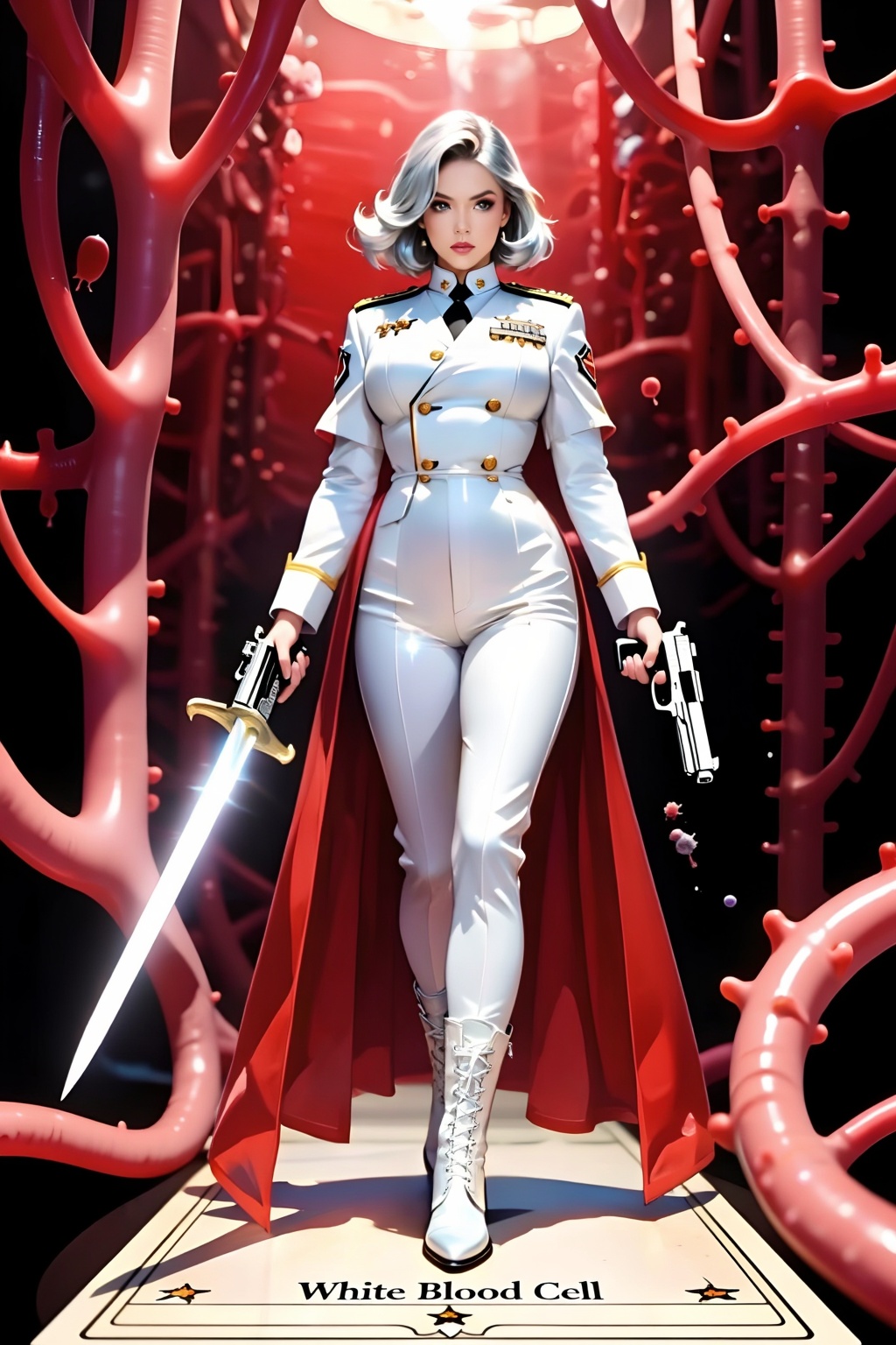 Score_9,  this is a tarot card that depicts the anthropomorphic cells of the microscopic world. The card name "White Blood...