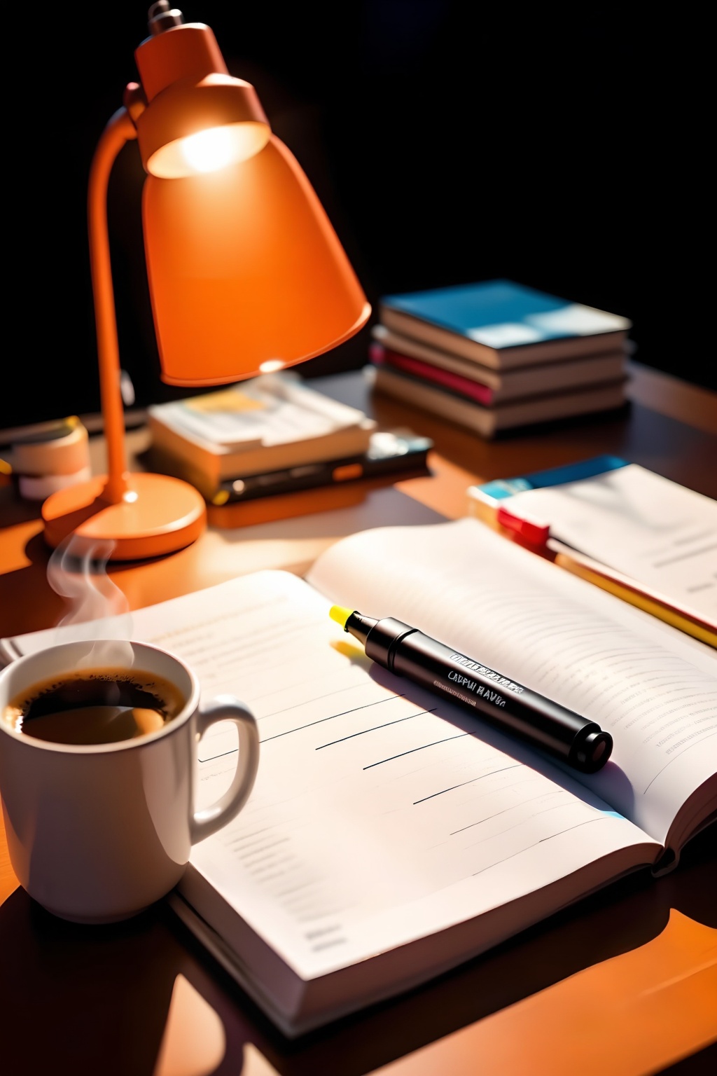 Inspiration: Studying,  a desk. Close-up: On a clean and tidy wooden table. A desk lamp emitting an orange glow,  a mug fi...