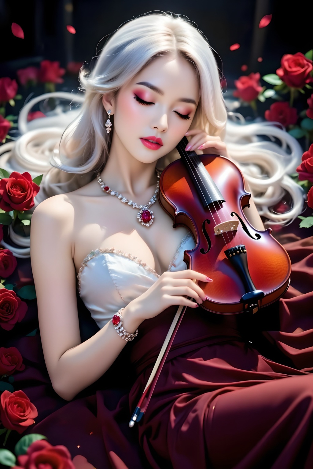 A woman with exceptionally long,  gradient,  milky-white blonde hair exudes a unique and noble charm. Her exquisite and ca...