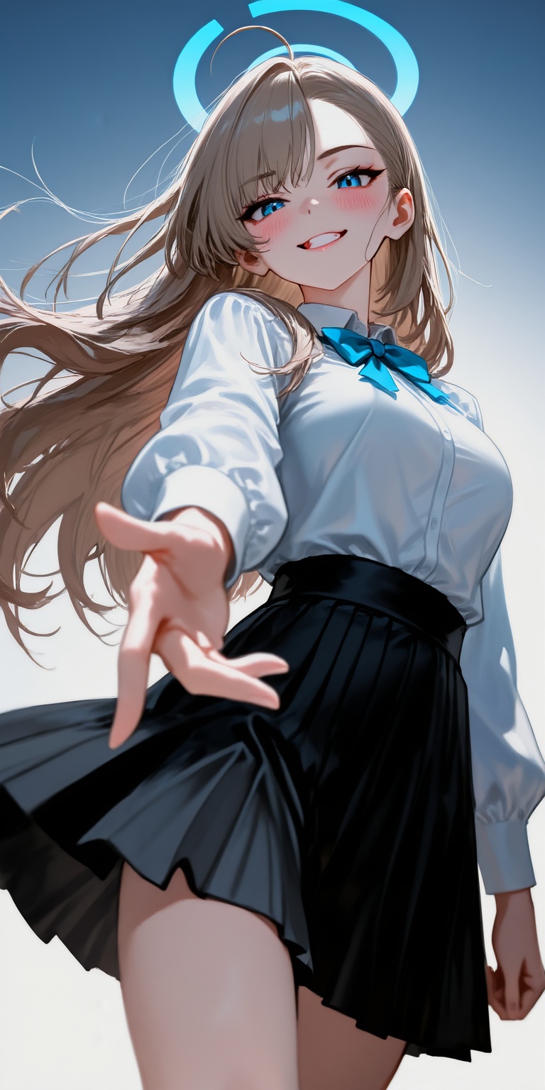 blue archive,  A cinematic anime-style portrait captured from a dramatic low-angle perspective,  emphasizing a confident y...