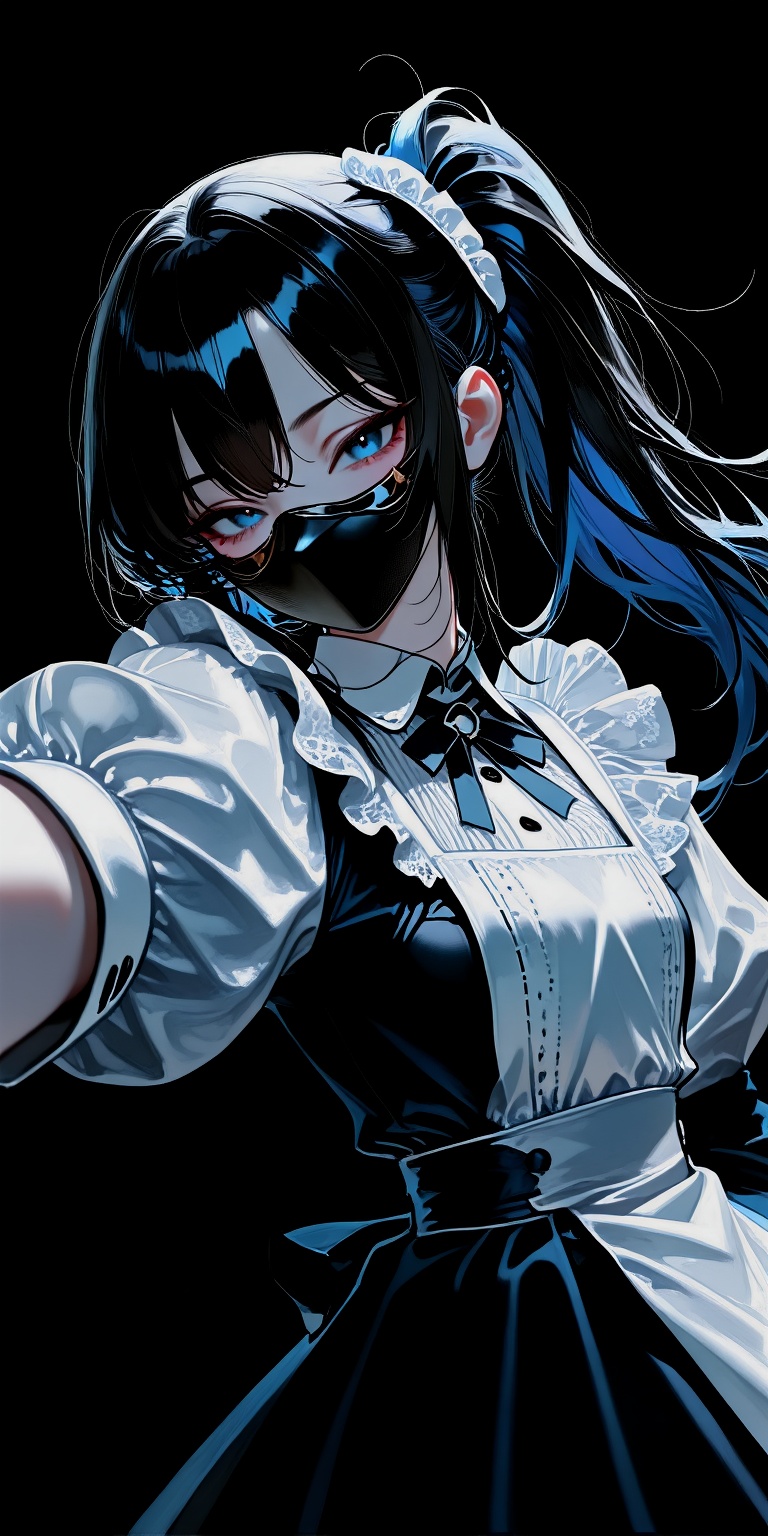 A deeply atmospheric anime illustration of Arisu from Blue Archive in an alternate maid costume,  portrayed in a dramatic...
