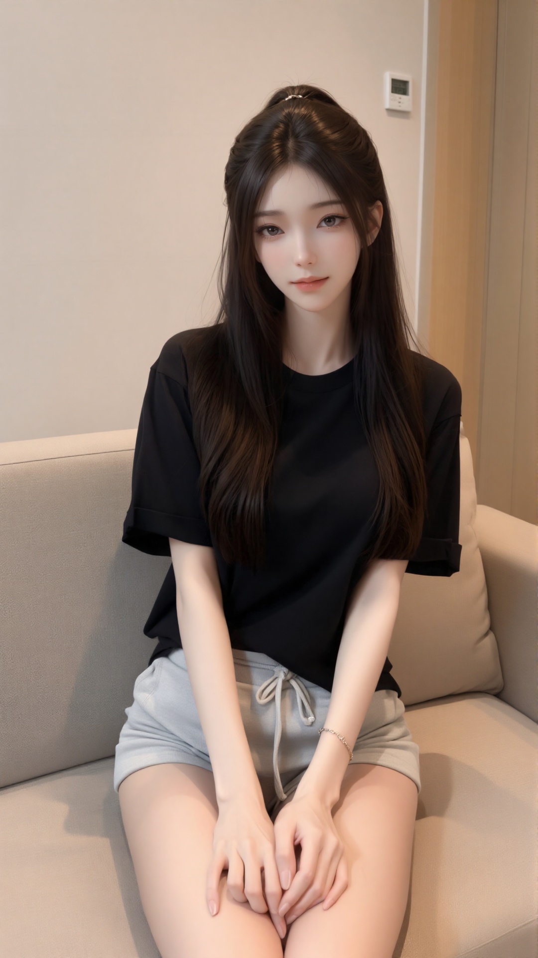 Photograph of an East Asian woman with fair skin and long,  straight,  dark brown hair. She has a slender build and is wea...
