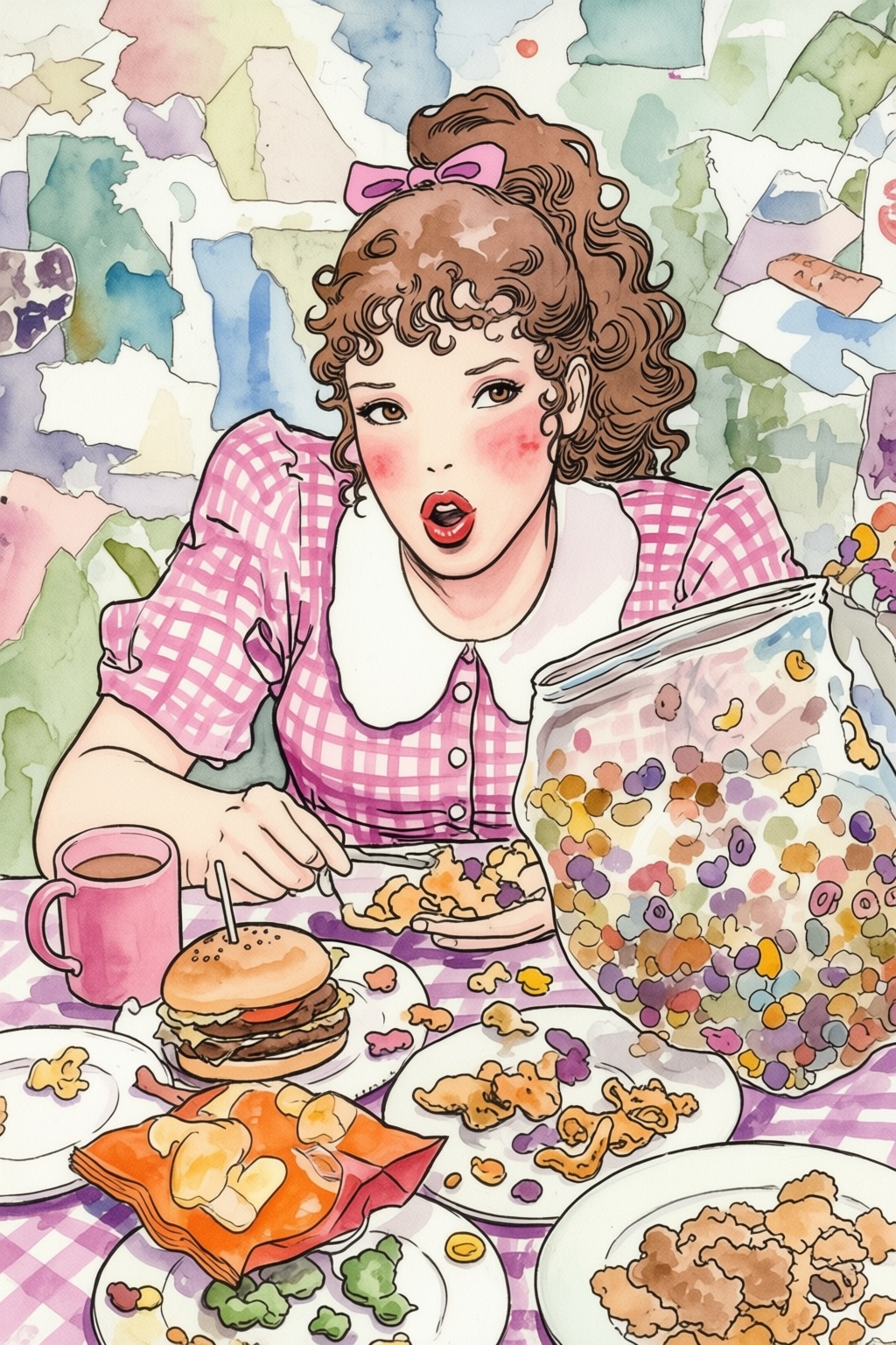milomanara16q20 illustration. High-angle,  medium shot of a young woman with brown curly hair in a high ponytail tied with...