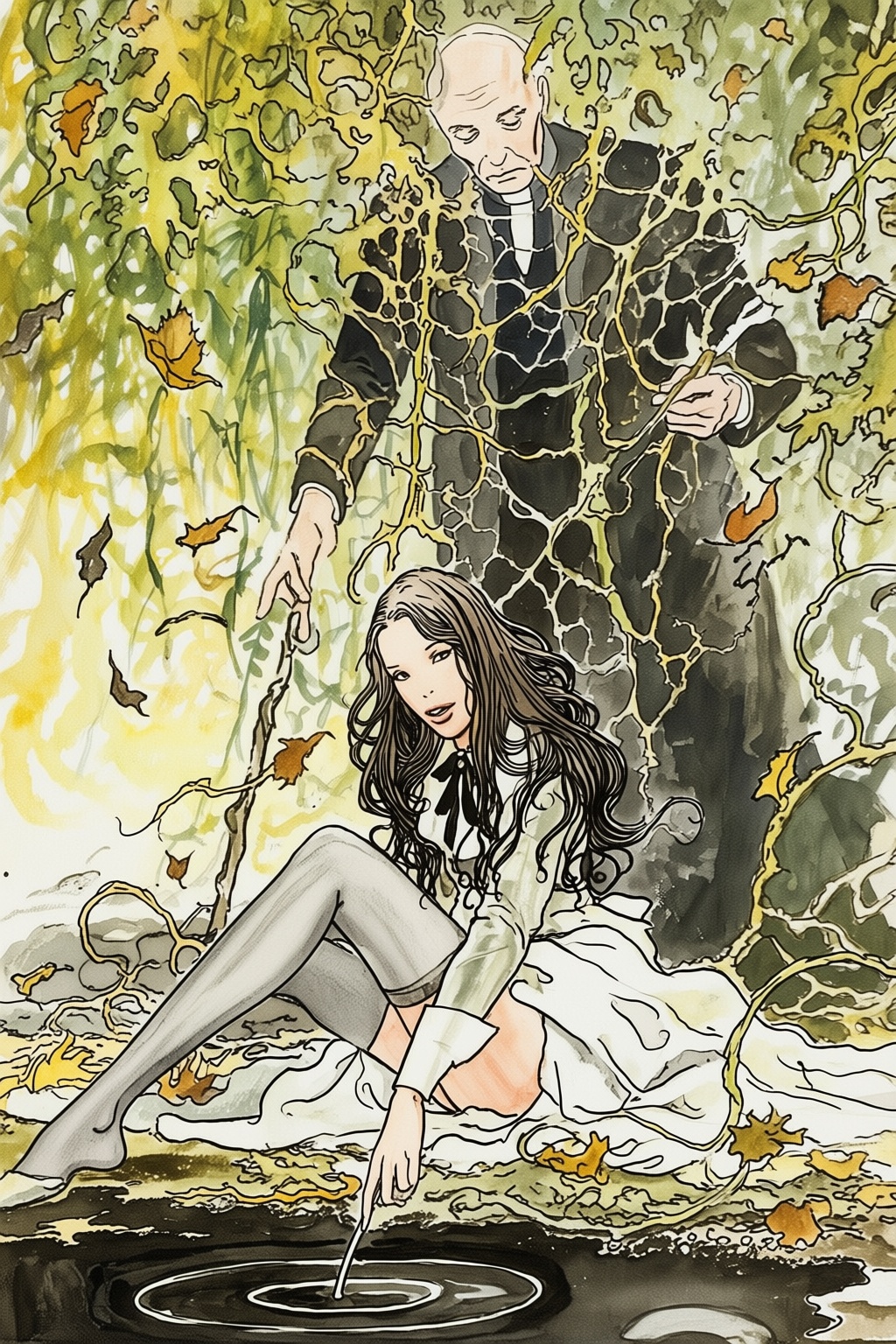 milomanara16q20 illustration. Woman with long,  dark,  flowing hair sits on the ground in the foreground on Tensor.Art