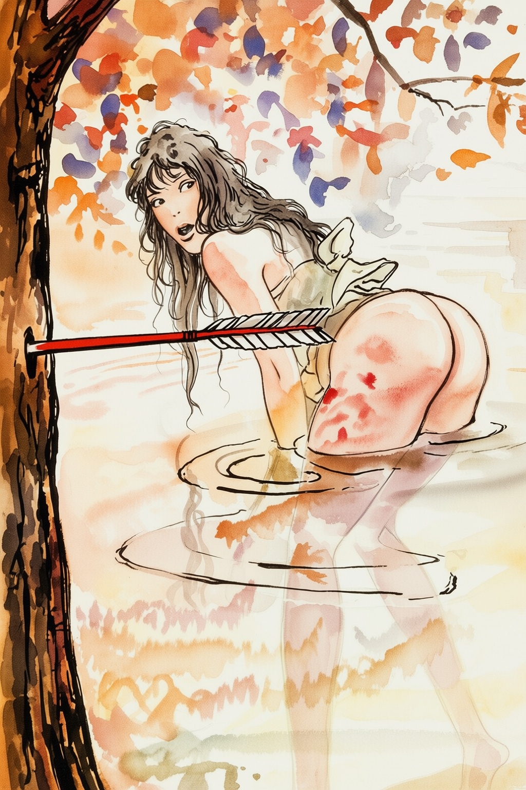 milomanara16q20 illustration. Woman with long,  messy dark hair and is leaning forward,  her body partially submerged in w...