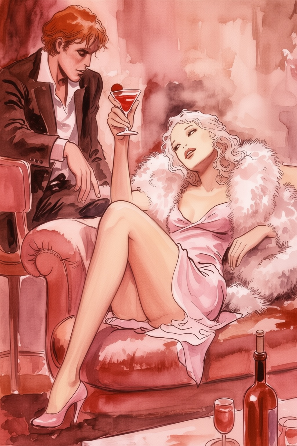 milomanara16q20 illustration. View from a slightly high-angle of a man and a woman. The woman,  with wavy platinum blonde...