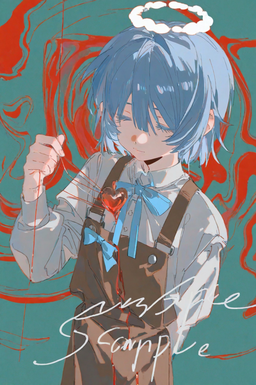This anime-style digital illustration features a young girl with short,  messy light blue hair and a serene yet melancholi...