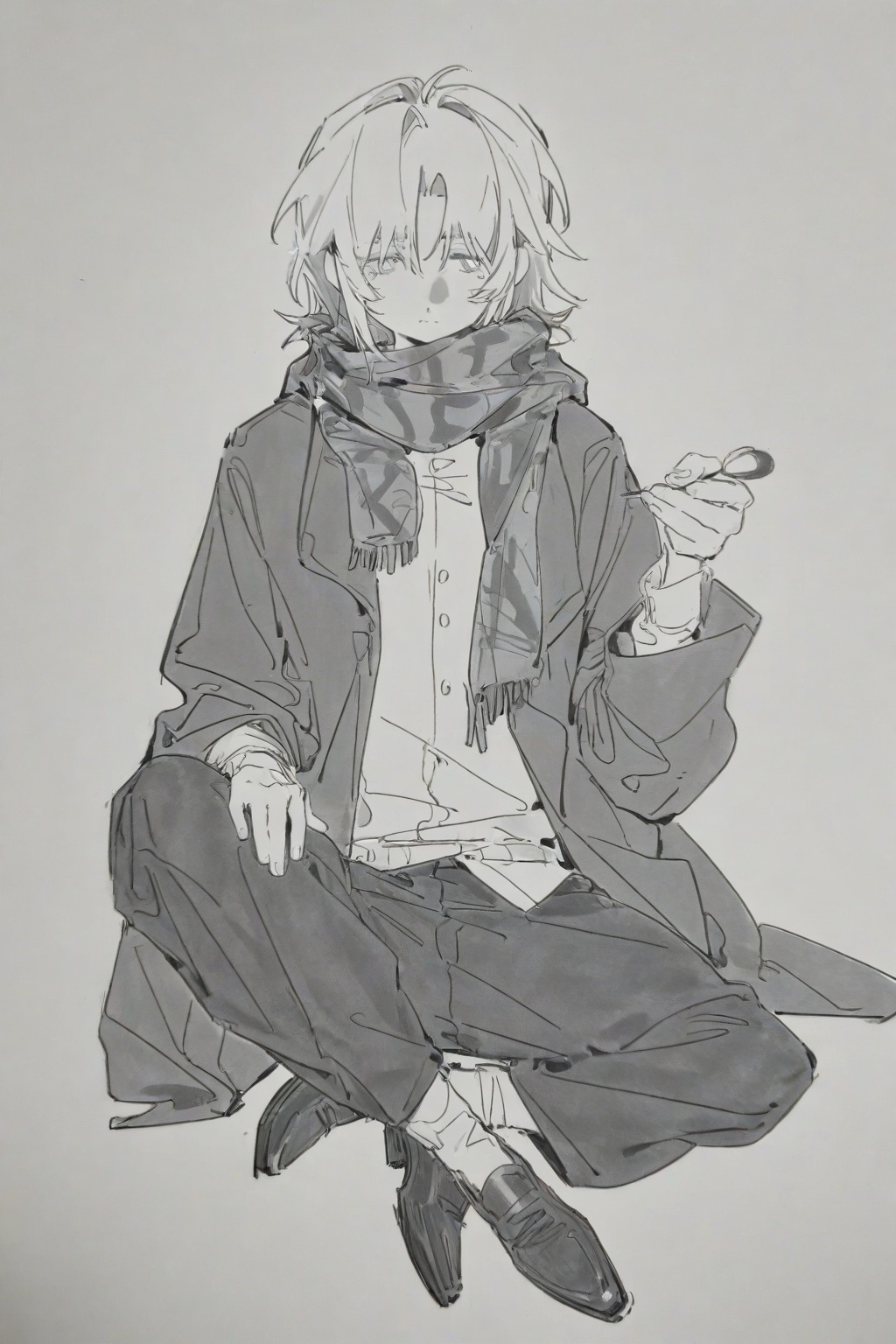 The image depicts a stylized,  monochromatic illustration of a person sitting in a relaxed pose. The individual is wearing...