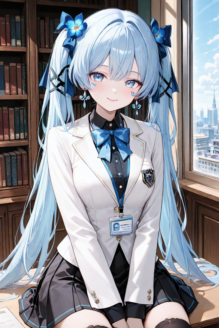 A digital illustration shoot from the side about a young woman with long,  wavy,  light blue hair sitting at a desk in a l...