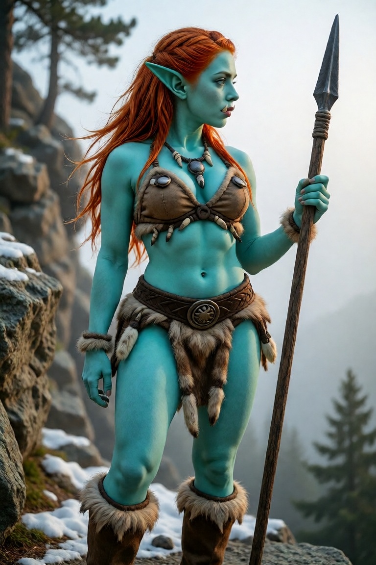 **Full-body cinematic portrait of a female troll in her early twenties with vibrant turquoise skin and long,  pointed ears...