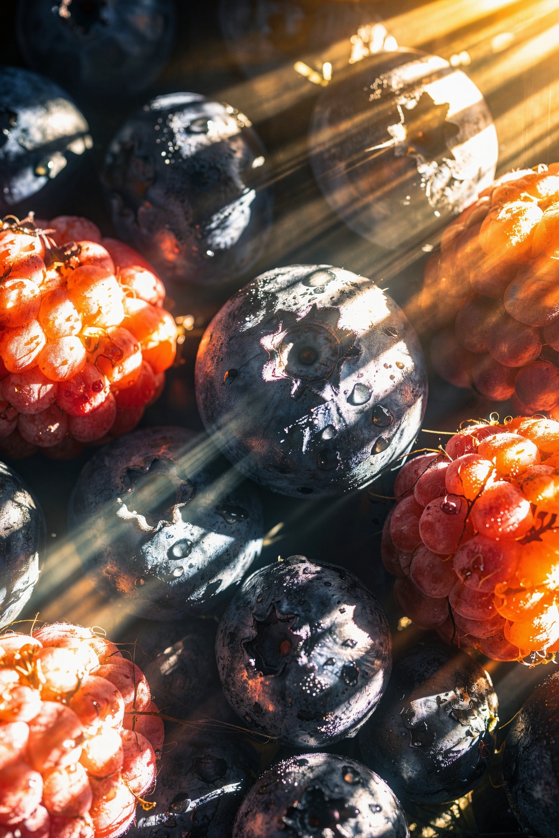 lose-up photo of blueberries and raspberries,  macro photography,  shallow depth of field on Tensor.Art