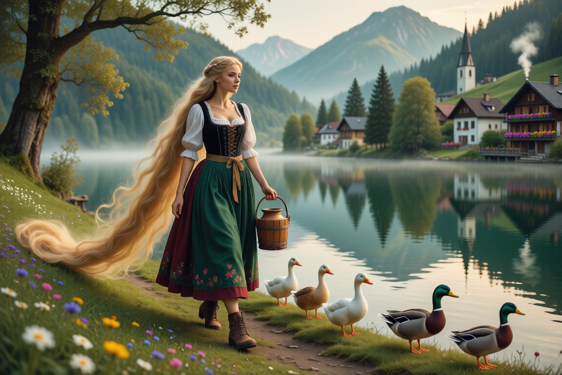 A picturesque fairytale-inspired scene of Rapunzel,  a beautiful young rural German woman in her mid-20s with extraordinar...