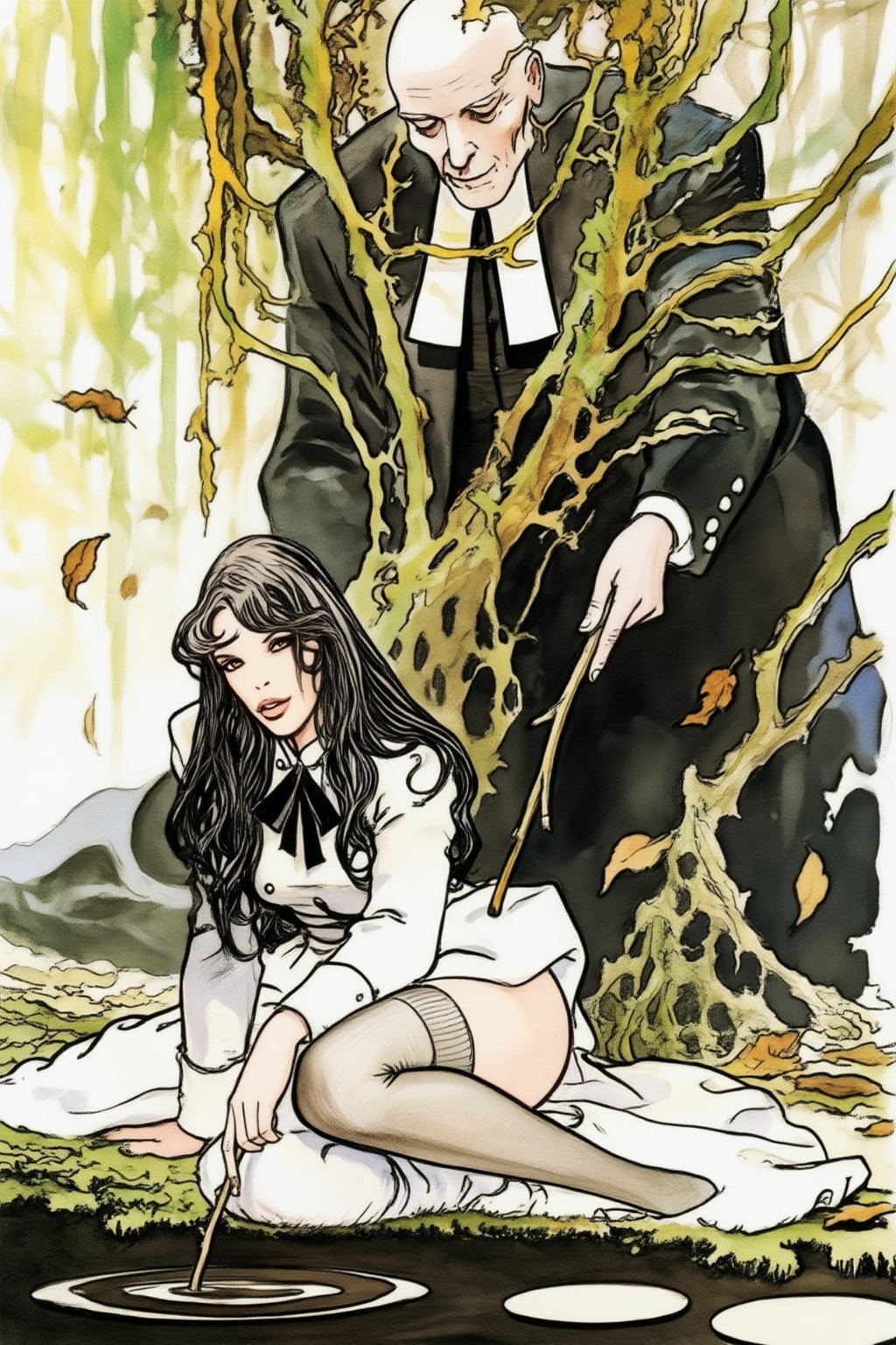 milomanara17z25 illustration. Woman with long,  dark,  flowing hair sits on the ground in the foreground on Tensor.Art