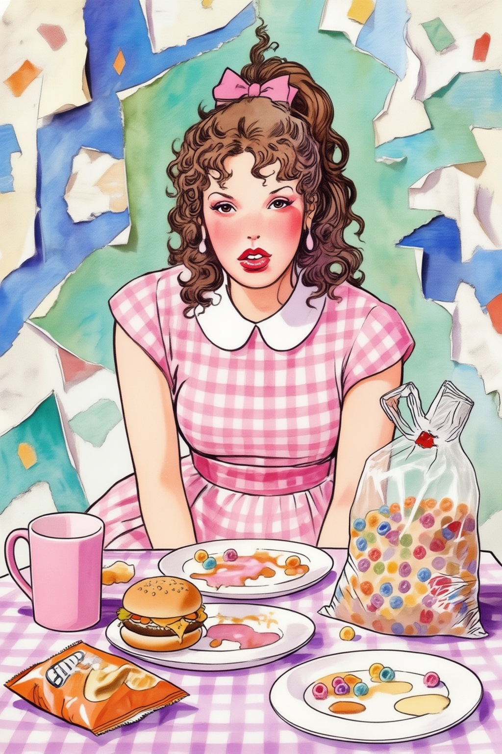 milomanara17z25 illustration. High-angle,  medium shot of a young woman with brown curly hair in a high ponytail tied with...