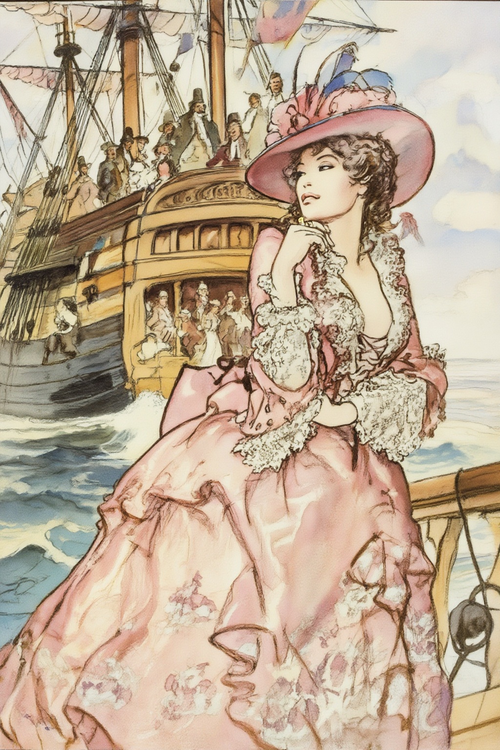 milomanara17z25 illustration. Low-angle medium shot of a Victorian noblewoman in the foreground,  looking off-camera with...