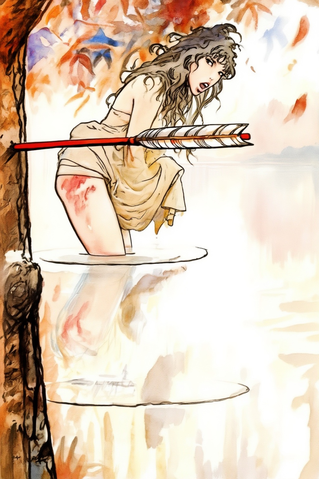 milomanara17z25 illustration. Woman with long,  messy dark hair and is leaning forward,  her body partially submerged in w...