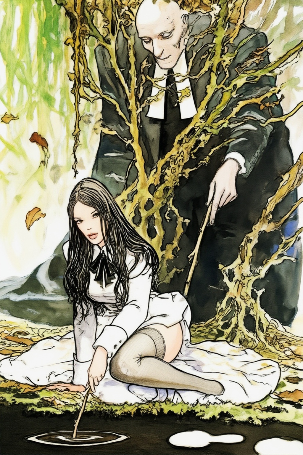 milomanara17z25 illustration. Woman with long,  dark,  flowing hair sits on the ground in the foreground on Tensor.Art