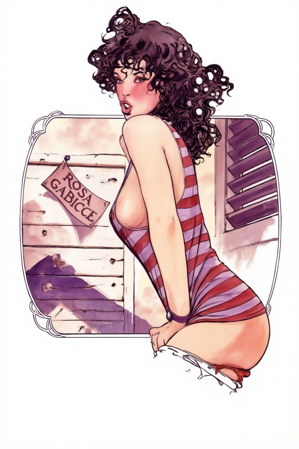 milomanara17z25 illustration. Woman with voluminous dark curly hair is turning her head to look at the viewer from the cor...