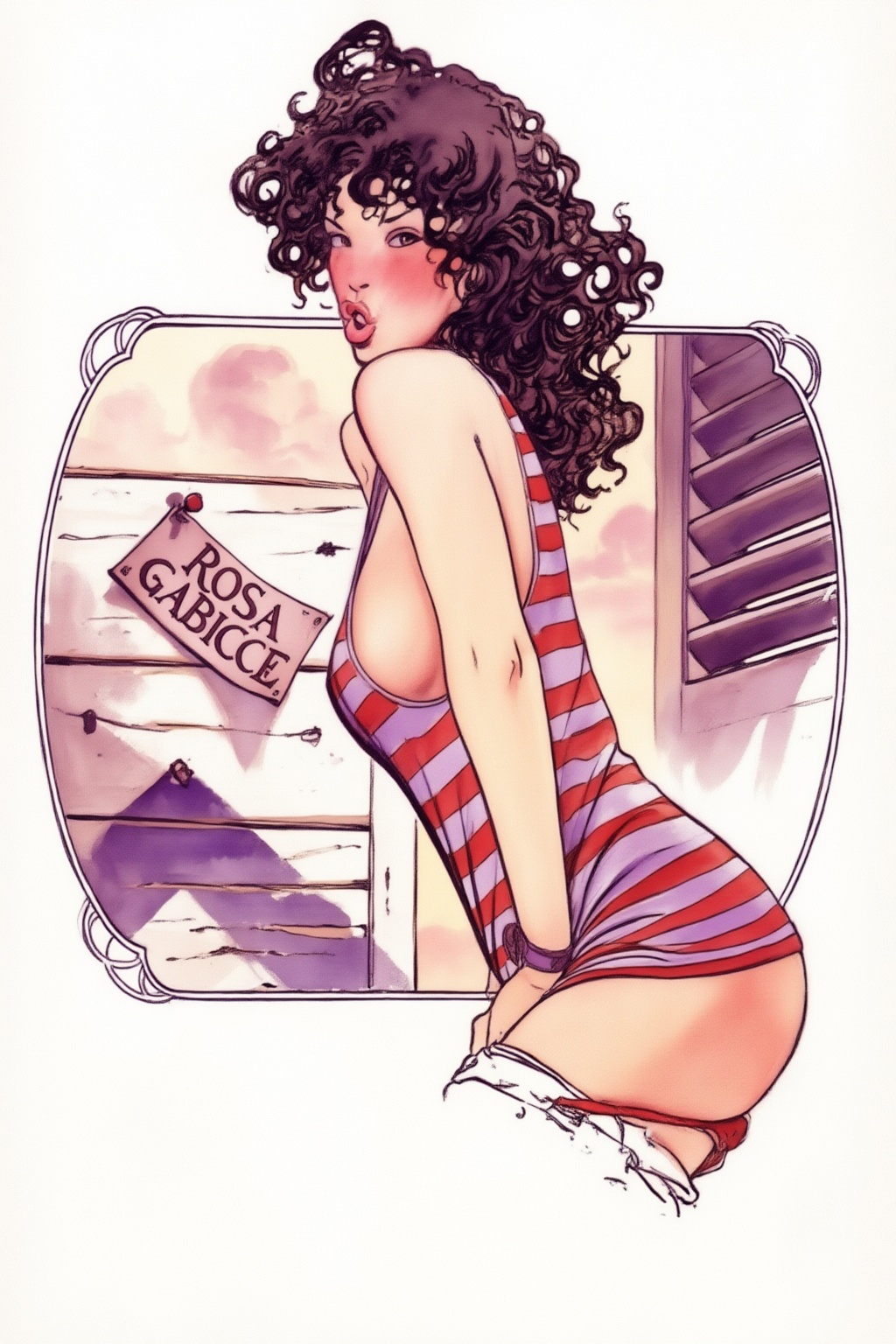 milomanara17z25 illustration. Woman with voluminous dark curly hair is turning her head to look at the viewer from the cor...