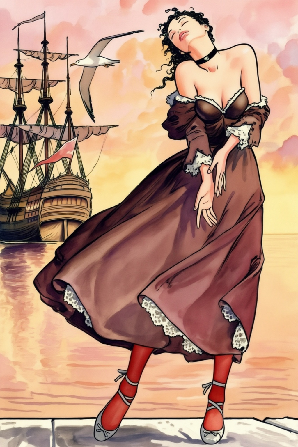 milomanara17z25 illustration. Woman with dark,  curly hair tied back and a black choker stands on a dock,  her body angled...