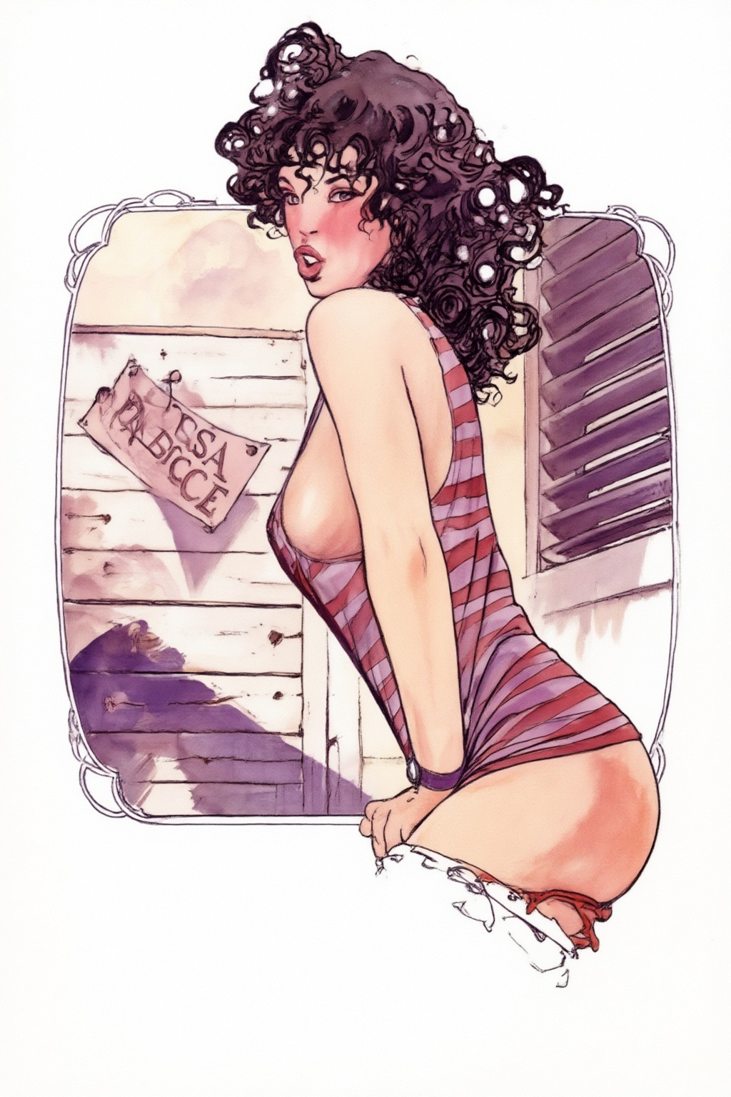 milomanara17z25 illustration. Woman with voluminous dark curly hair is turning her head to look at the viewer from the cor...