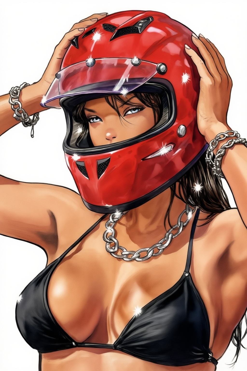 milomanara17z25 illustration. Low-angle,  close-up of a young woman with tanned skin and dark hair taking off a glossy,  b...