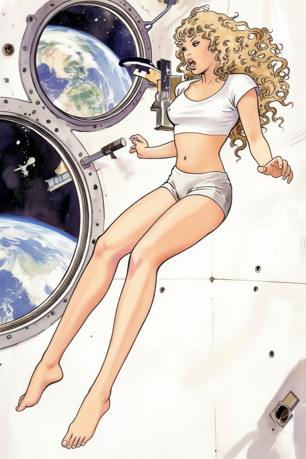 milomanara17z25 illustration. Blonde woman with curly long hair is floating weightless inside a space station with a large...