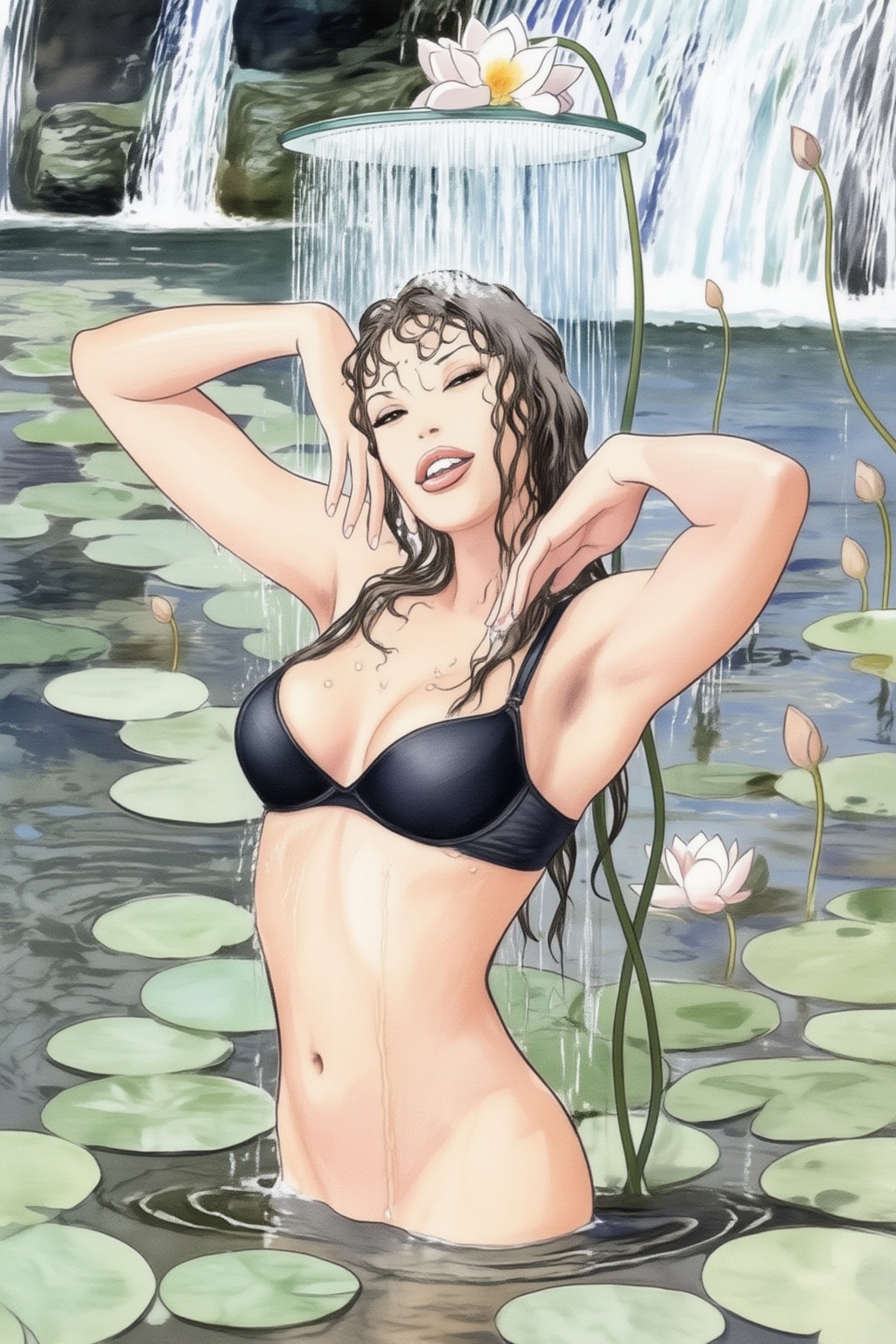 milomanara17z25 illustration. View from a slightly high angle. A woman wearing dark bra stands in a pond under a shower he...