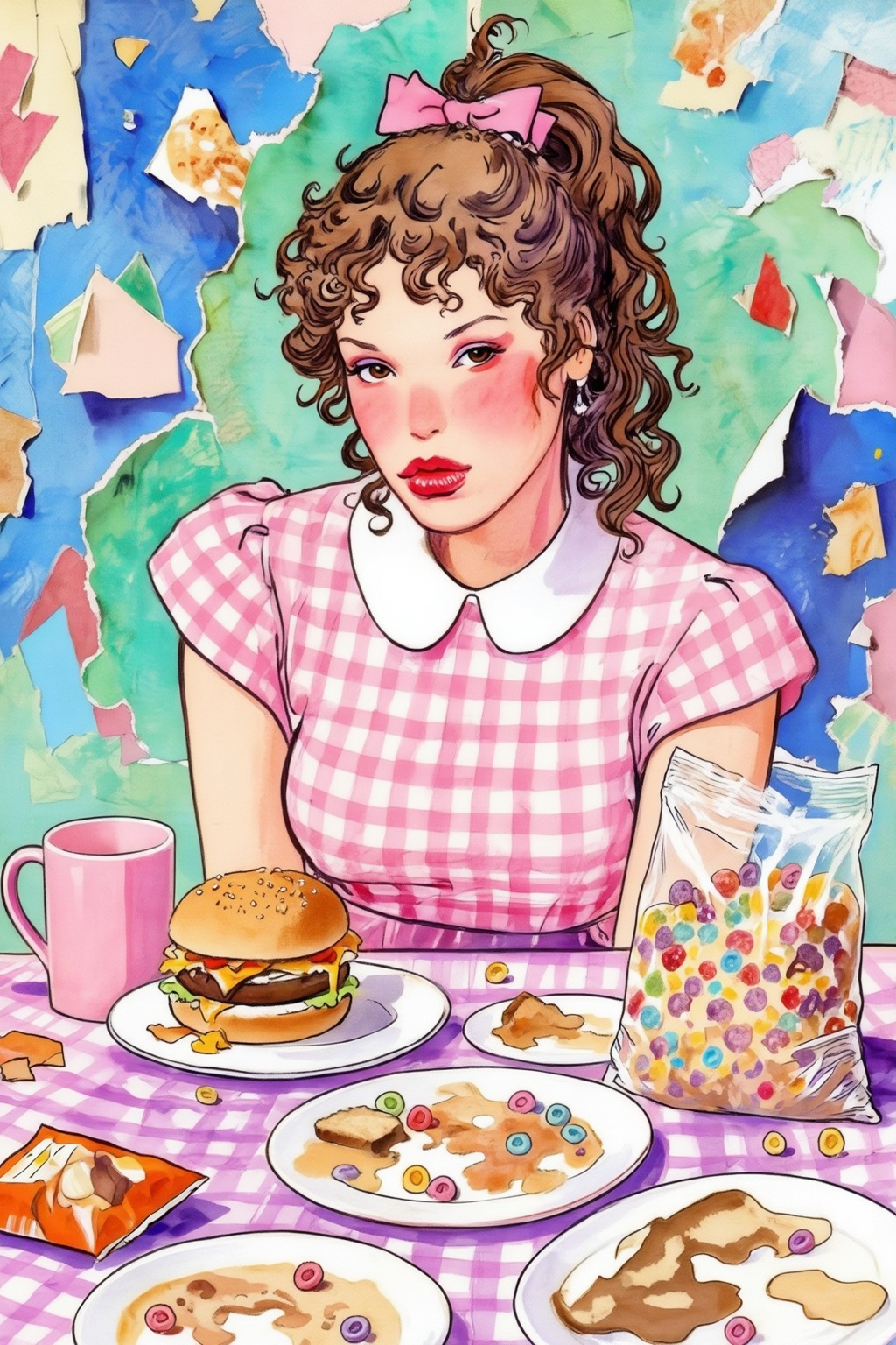 milomanara17z25 illustration. High-angle,  medium shot of a young woman with brown curly hair in a high ponytail tied with...