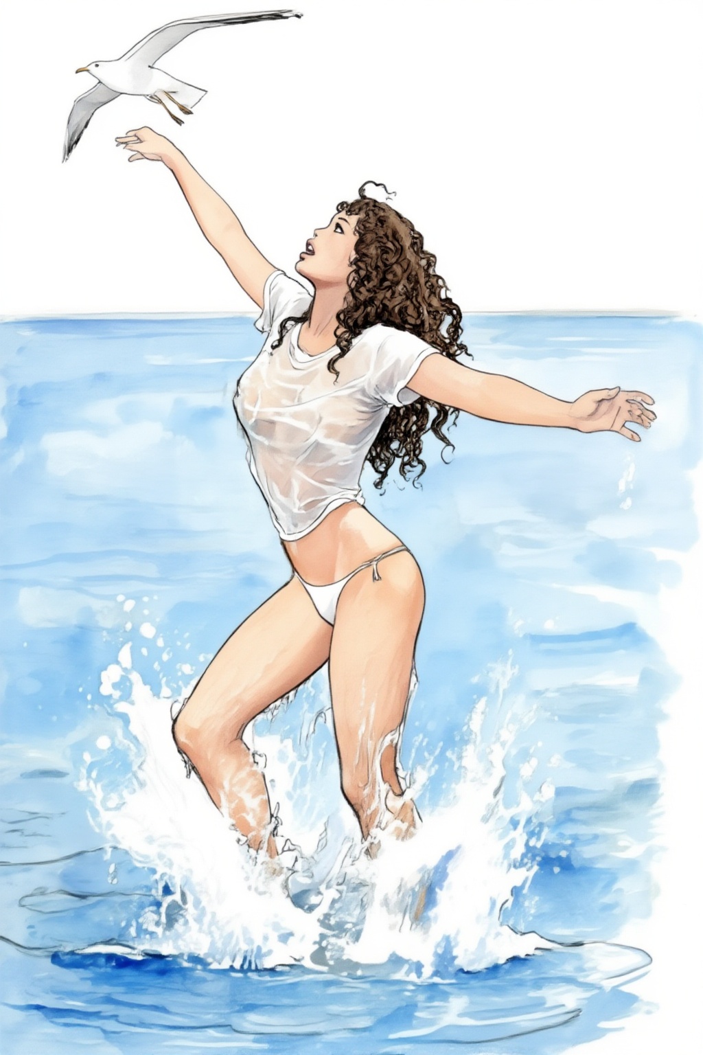 milomanara17z25 illustration. A woman with long,  curly dark brown hair is captured in a dynamic side profile pose,  stand...