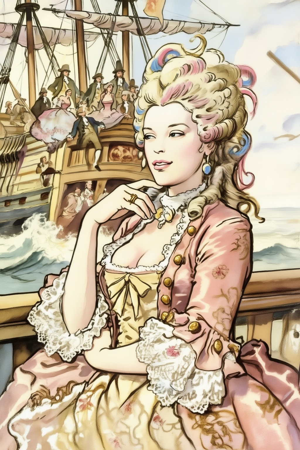 milomanara17z25 illustration. Low-angle medium shot of a 18th century noblewoman in the foreground,  looking off-camera wi...