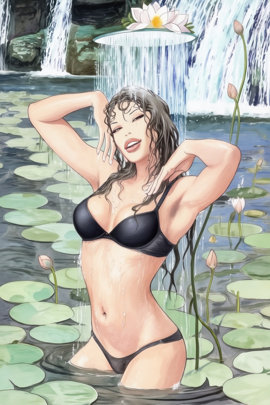 milomanara17z25 illustration. View from a slightly high angle. A woman wearing dark bra stands in a pond under a shower he...