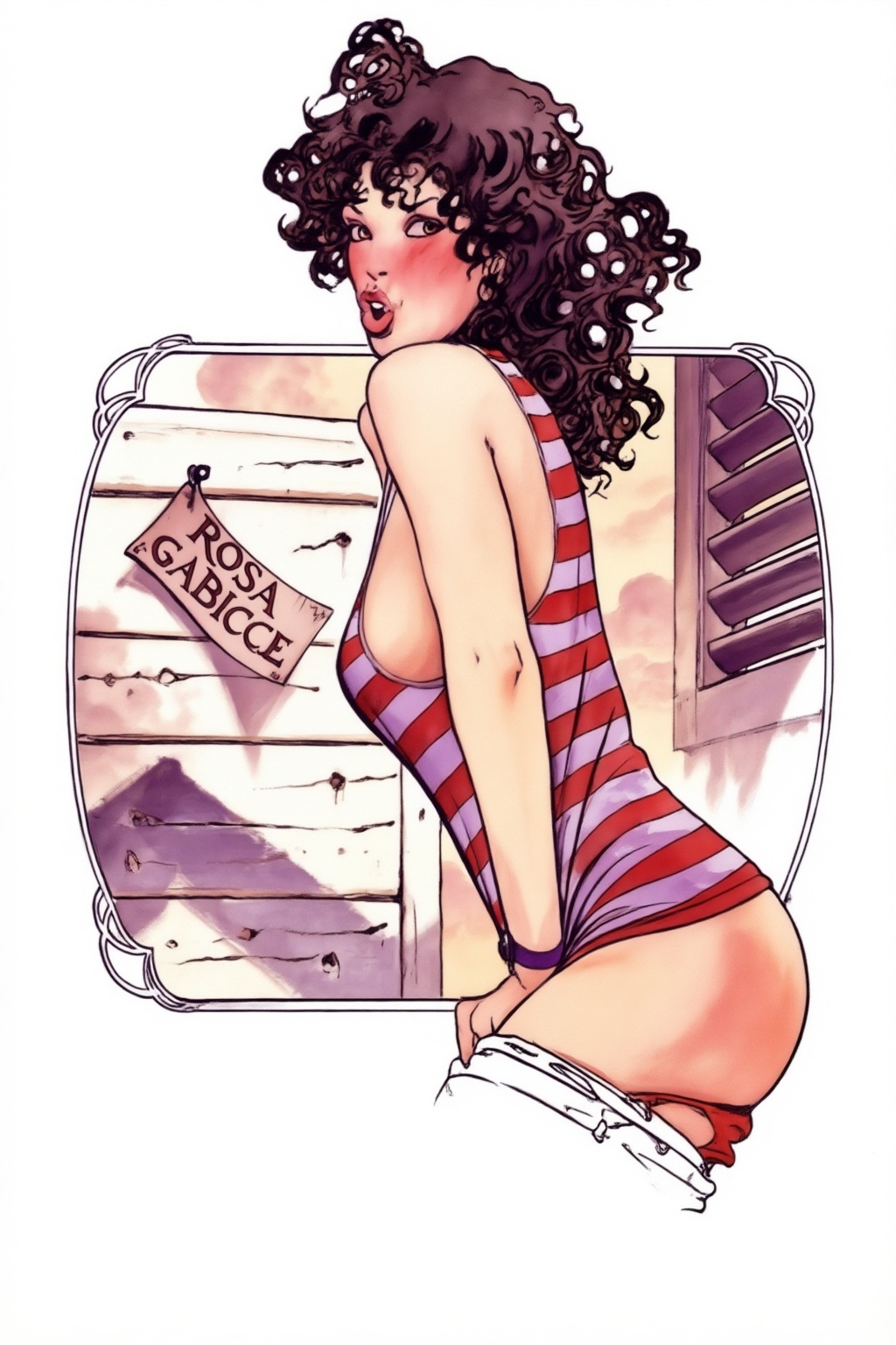 milomanara17z25 illustration. Woman with voluminous dark curly hair is turning her head to look at the viewer from the cor...