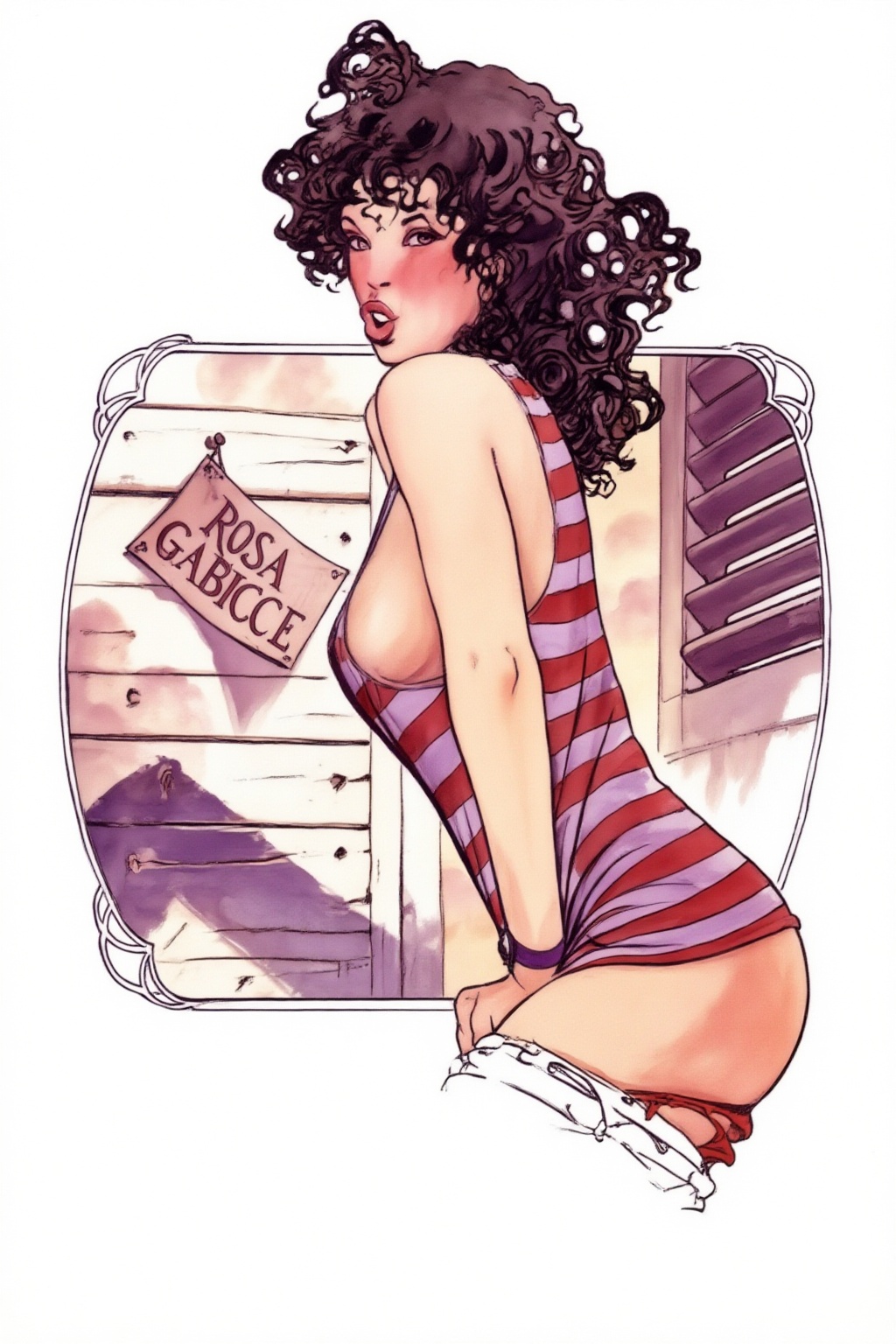 milomanara17z25 illustration. Woman with voluminous dark curly hair is turning her head to look at the viewer from the cor...