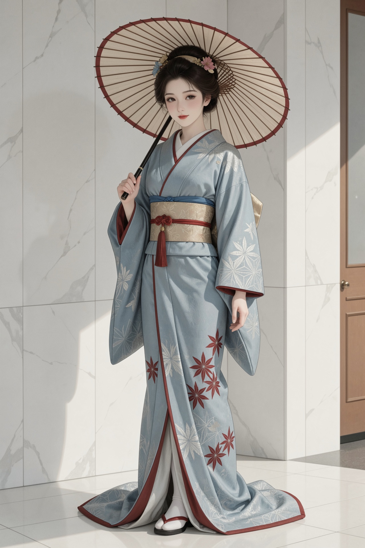 日式浮世绘风格,  一位明治时代的贵族女性身着一件蓝银相间的西式混搭鹿鸣馆和服,  面料上饰有几何图案的酒红色矢羽纹。她系着一条饰有流苏的腰带 by RAY3780 on Tensor.Art