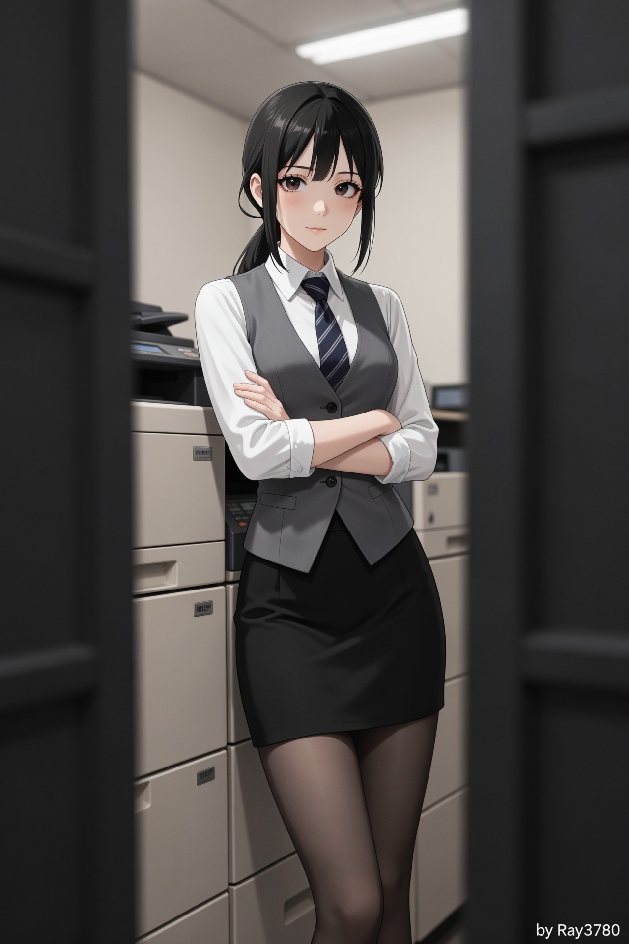 An anime illustration of a young Asian office lady leaning against a stack of beige photocopiers in a cramped office utili...