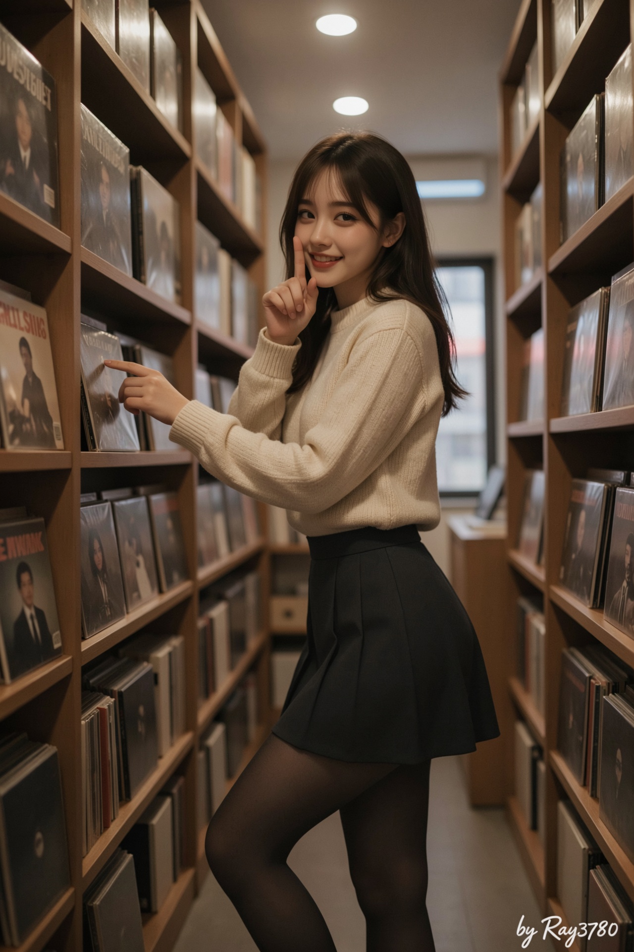 A shot from between tall record shelves. A Korean Ulzzang girl on her tiptoes reaches for a vinyl. She turns her head towa...