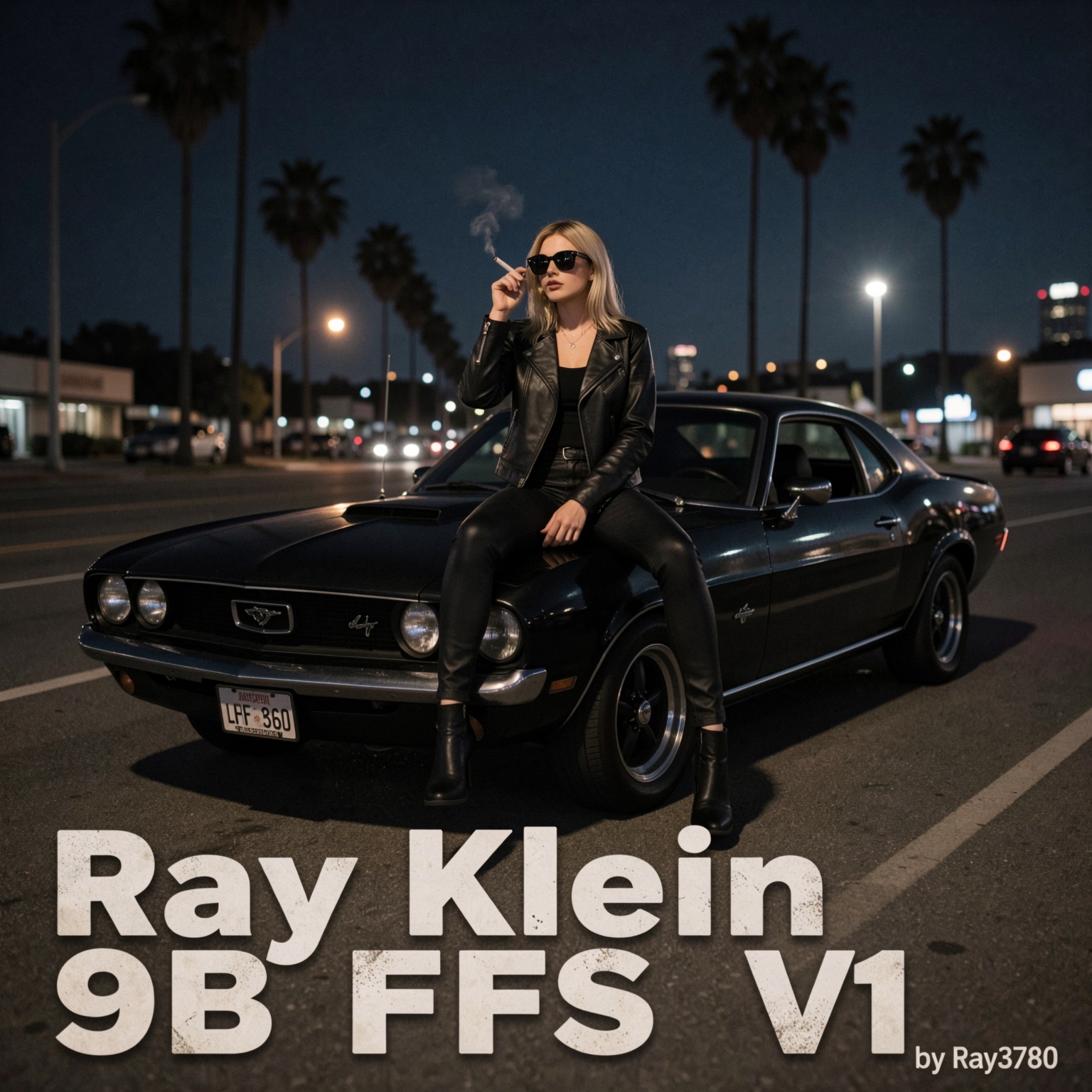 Dark gritty picture of LA at night with black muscle car with pretty blonde woman sitting on top smoking a cigarette weari...