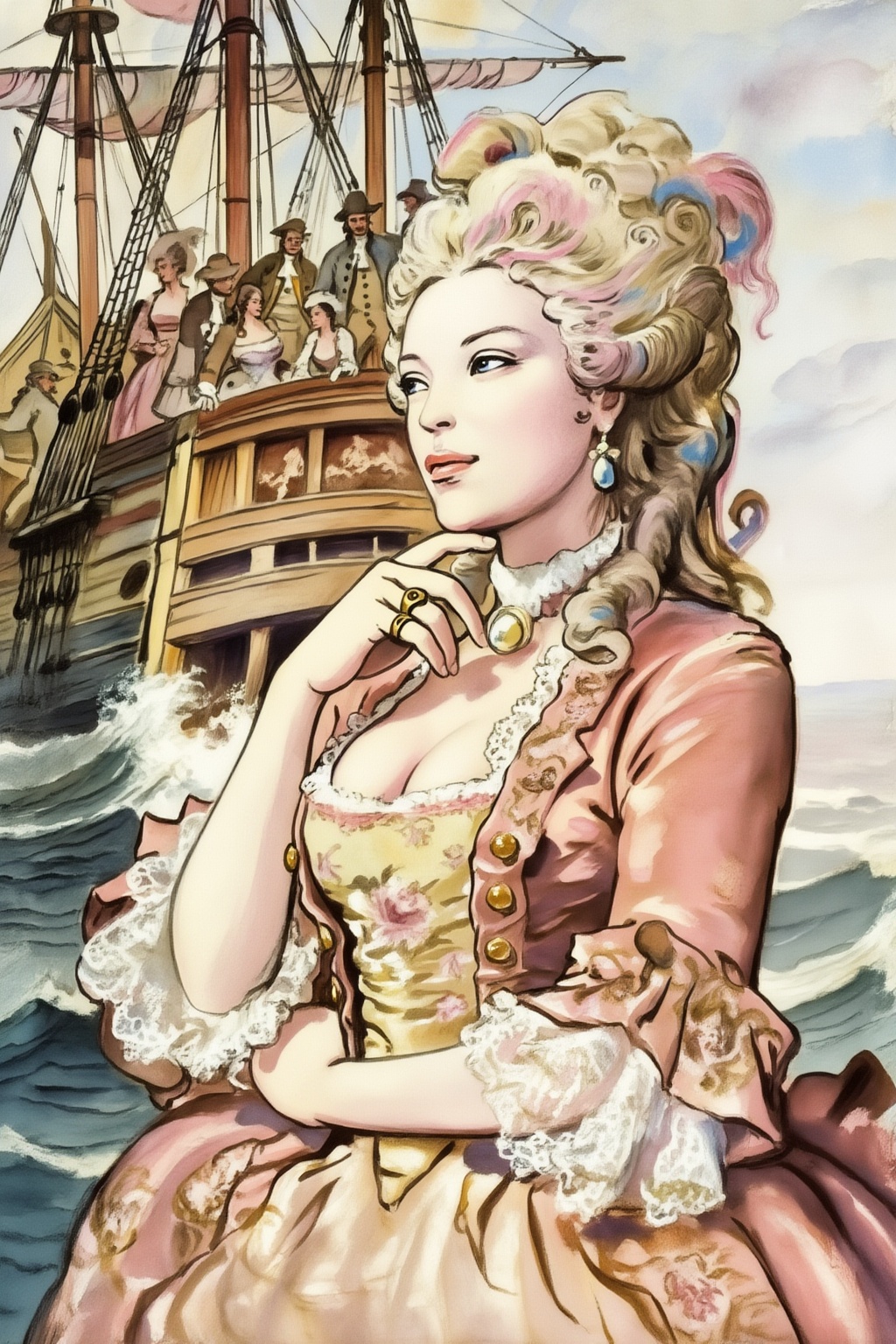milomanara17z20 illustration. Low-angle medium shot of a 18th century noblewoman in the foreground,  looking off-camera wi...