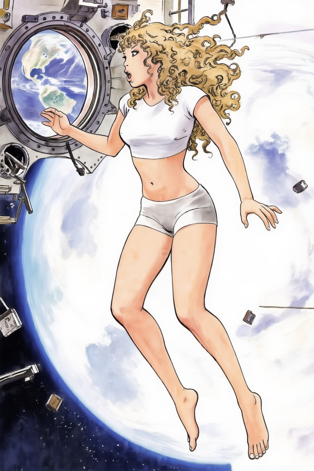 milomanara17z20 illustration. Blonde woman with curly long hair is floating weightless inside a space station with a large...