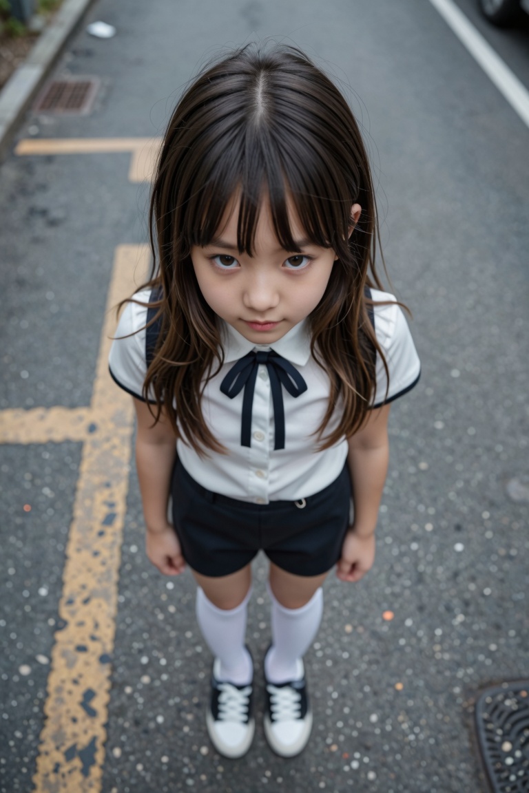 Photograph: A photorealistic high-angle,  extreme close-up shot looking down at a young girl standing on a city street. Sh...