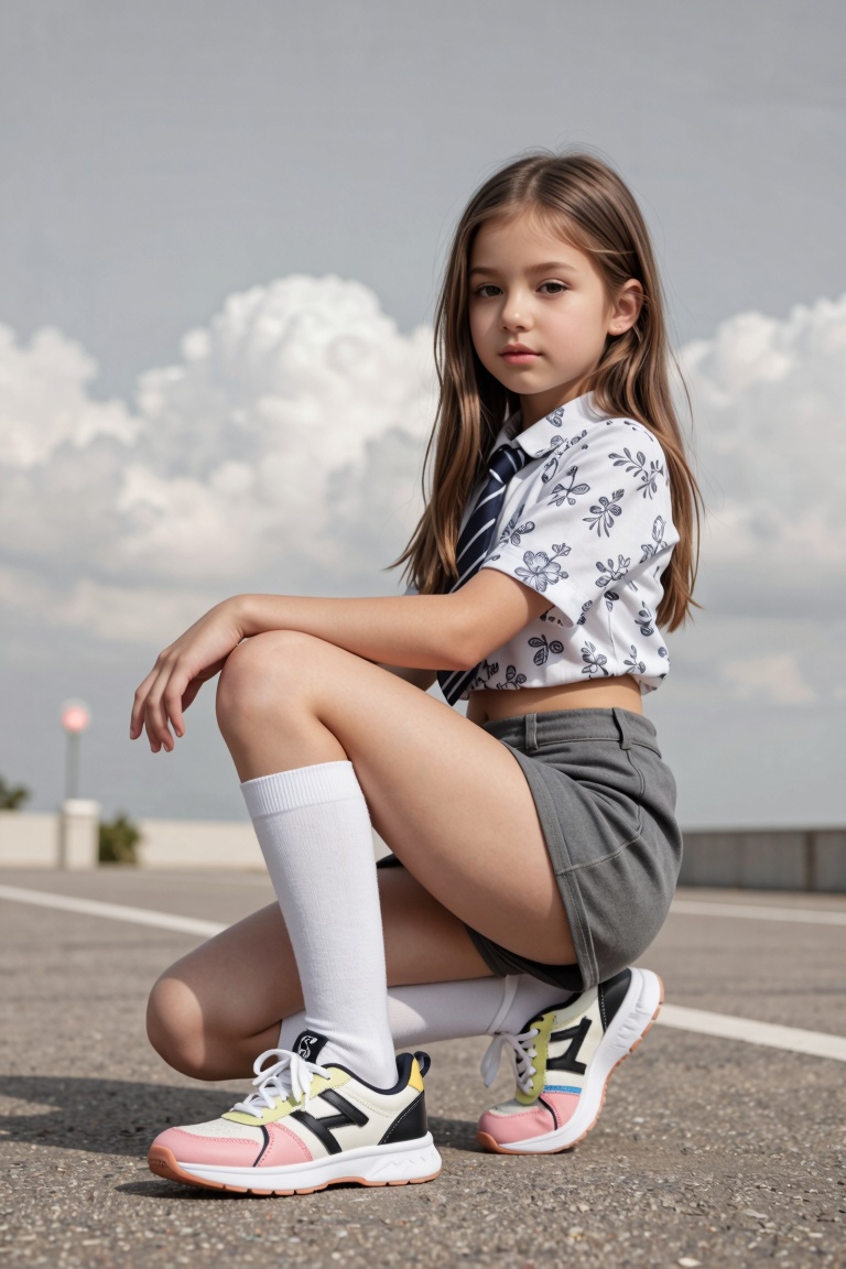 A photorealistic full-body shot from a low angle shows a slender young girl with a beautiful waist and hips (similar to an...